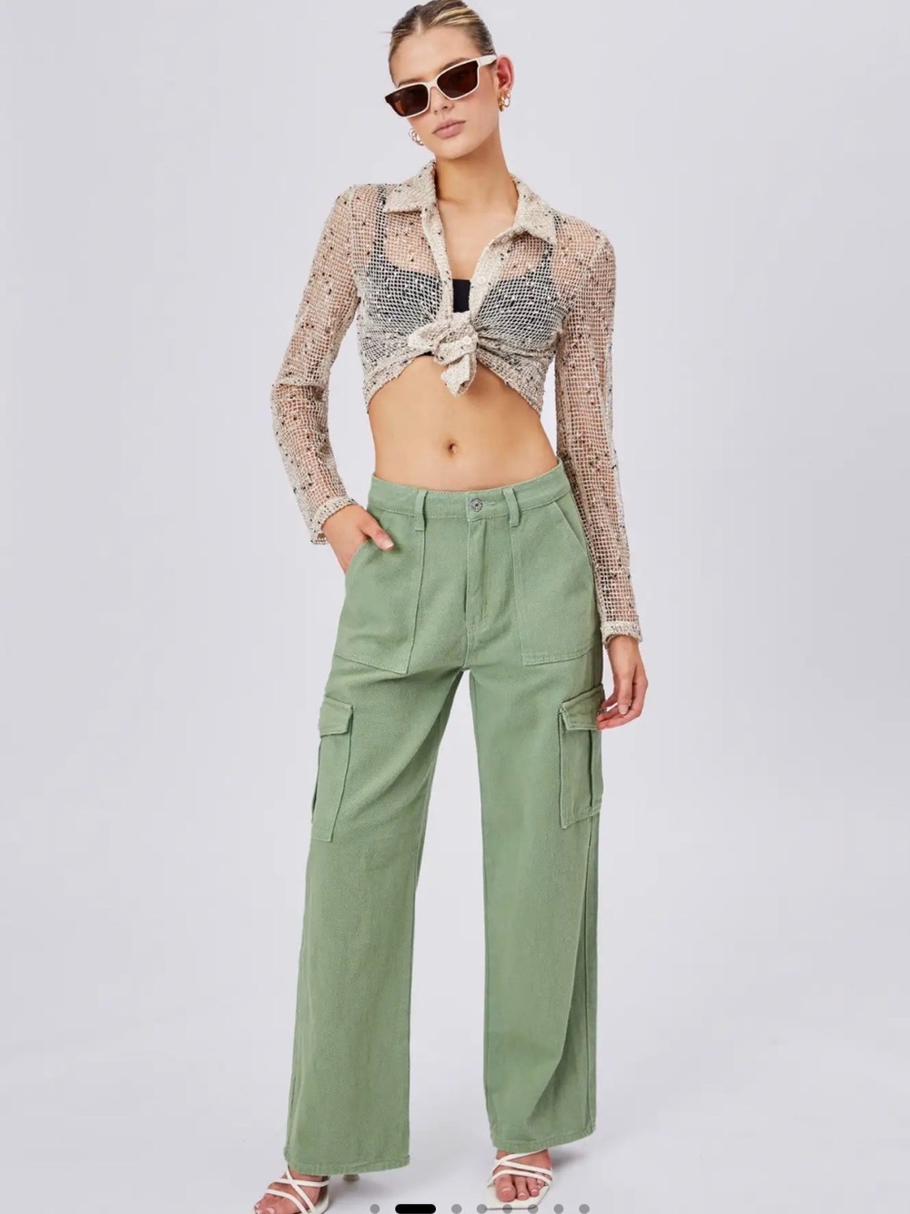Cider Alesseia Solid Cargo Olive Green Wide-Leg Cargo Jeans